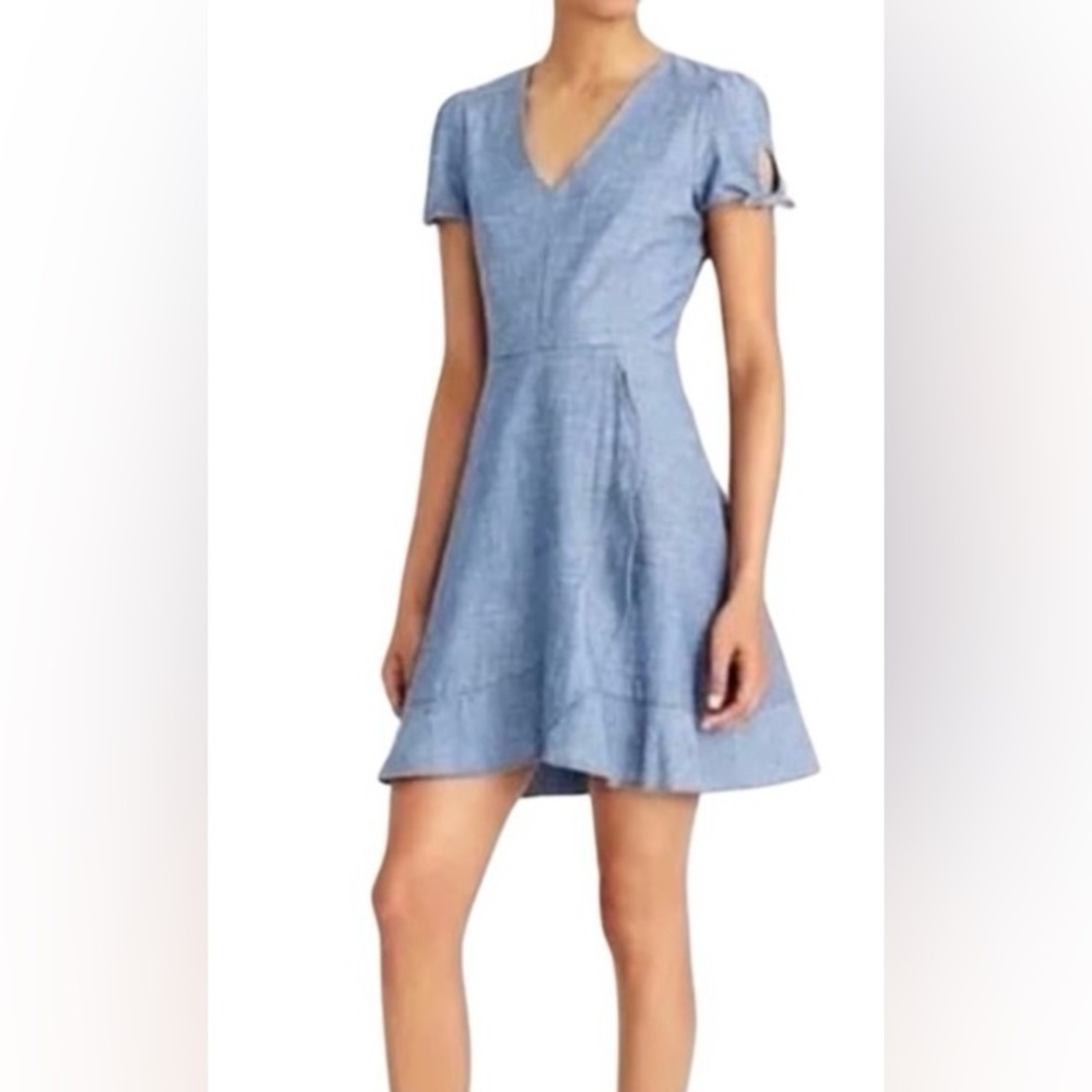 J. Crew Factory Chambray Blue Mini Dress. Size 2. Knee length, faux wrap.
